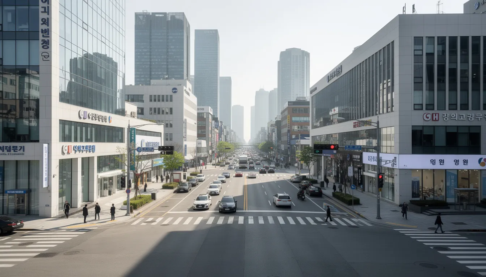 The image shows a vibrant street view of the Gangnam district in Seoul, featuring modern medical buildings that house advanced dermatology clinics. These clinics offer a comprehensive range of skin treatments, including laser treatments and personalized care for various skin concerns, attracting both local and international patients seeking expert dermatological services.