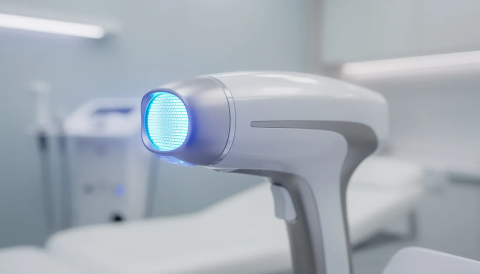 A close-up of a professional laser treatment device emitting blue light, showcasing the advanced technology used in cosmetic dermatology for skin rejuvenation. This device is designed to address various skin concerns, such as sagging skin and acne scars, providing personalized treatments for healthy skin.
