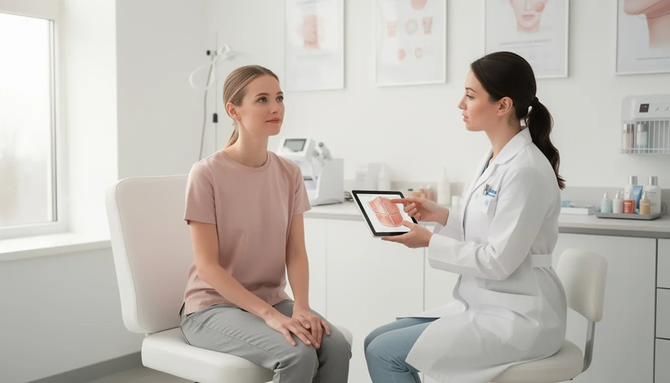 A person is sitting in a bright dermatology clinic, engaged in a skincare consultation with a board-certified dermatologist. The setting emphasizes a focus on personalized treatments for various skin concerns, highlighting the clinic's commitment to enhancing natural beauty through advanced skin treatments.